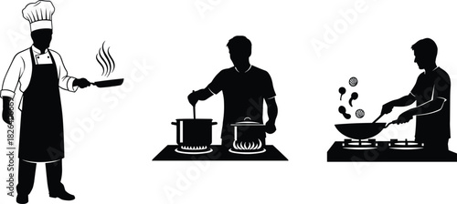 Black silhouette set of chefs and home cooks preparing food by stirring, frying, and sautéing, representing culinary arts, cooking process, kitchen work, and professional food preparation