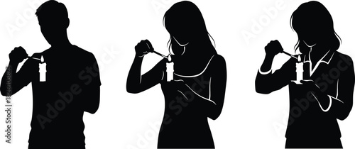Three people lighting candles with a match or lighter, representing hope, remembrance, spirituality, and solemn ceremonies in detailed black silhouette vectors, isolated on white background