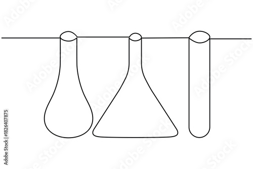 Laboratory glassware continuous one line drawing on white background minimalist scientific experiment outline vector illustration