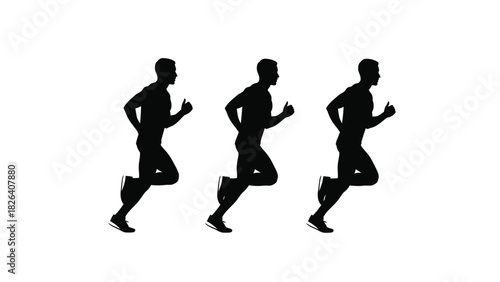 Running Man Silhouettes: Vector Illustration of Three Male Runners Jogging or Sprinting, Fitness and Sport Graphic Design Element