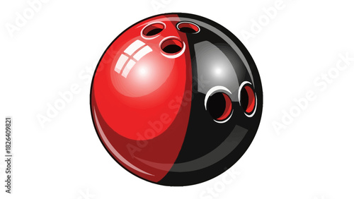 A red and black bowling ball with three finger holes
