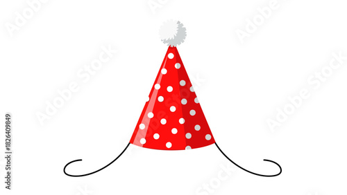 A red polka dot party hat with a white pompom and black strings
