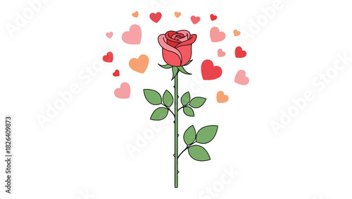 A red rose with green leaves and stem surrounded by hearts