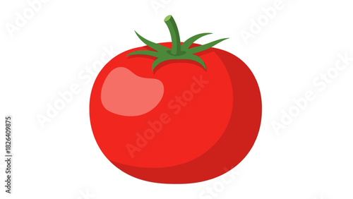 A red tomato with a green stem and leaves on a white background