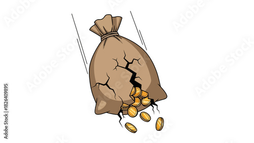 A ripped sack with coins spilling out falling