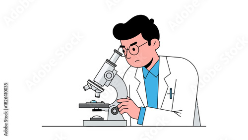 A scientist peers into a microscope on a lab bench