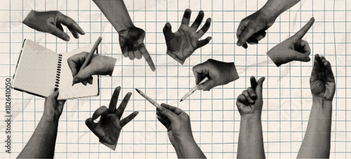 Halftone pop art collage hands variety of expressive hand gestures including pointing, holds the pen, and sign-holding poses. Vector illustration suitable for design templates and creative posters.