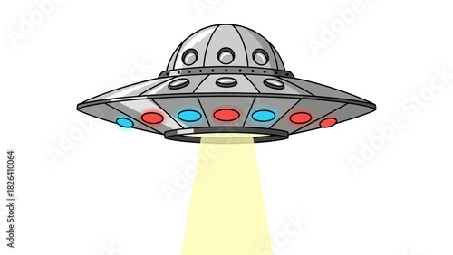 A silver flying saucer with glowing lights emits a yellow beam