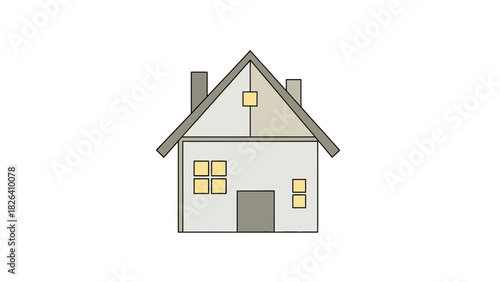 A simple drawing of a house with a pitched roof and two chimneys