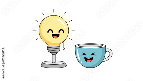A smiling light bulb and a happy coffee cup
