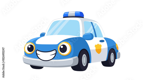 A smiling cartoon police car with blue and white body and lights