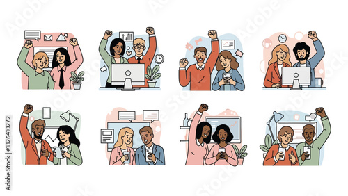 Diverse Business Teams Celebrating Success Vector Illustration Set. Colleagues Achieve Goals, Raise Fists in Triumph, Showing Victory and Teamwork in Office Environment.