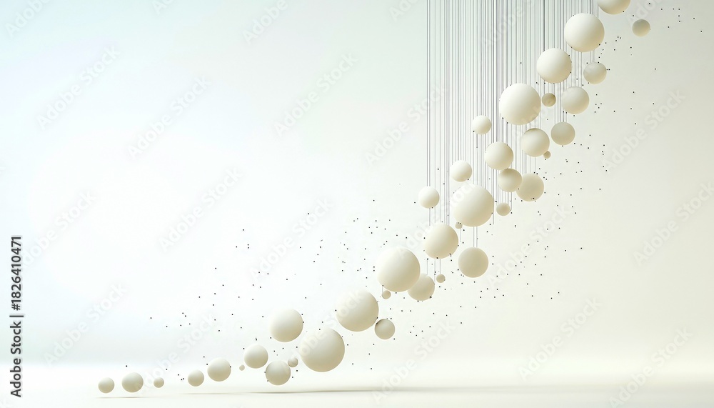Fototapeta premium An abstract composition featuring multiple spheres hanging from thin strings against a minimalist background. The spheres are white and arranged in a curved pat