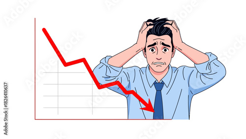 A stressed businessman clutches his head next to a downward trending graph