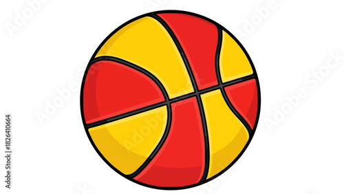 A stylized basketball with alternating red and yellow panels