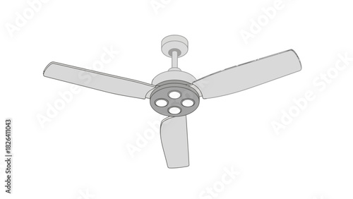 A threebladed ceiling fan with a circular central hub
