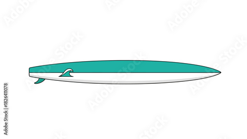 A turquoise and white surfboard with a wave graphic and fin