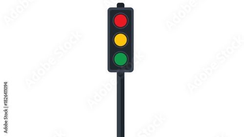 A traffic signal with red yellow and green lights on a dark gray pole