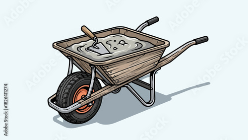 A wheelbarrow filled with wet cement and a trowel