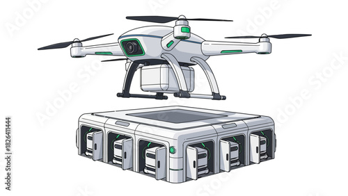 A white drone hovers above a white docking station with multiple compartments