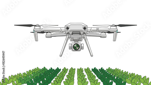 A white drone hovers above rows of green plants
