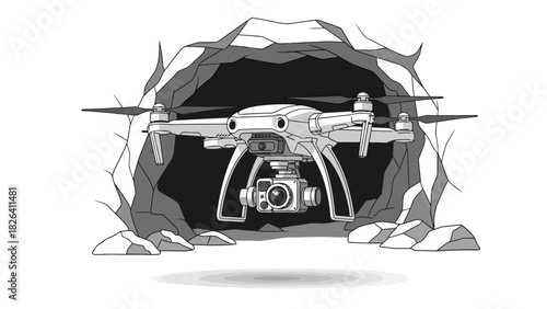 A white drone with a camera hovers in front of a rock cave opening