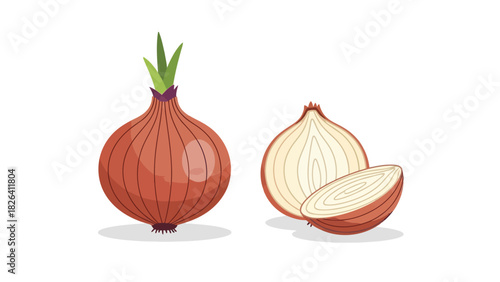 A whole red onion and a halved onion with a slice