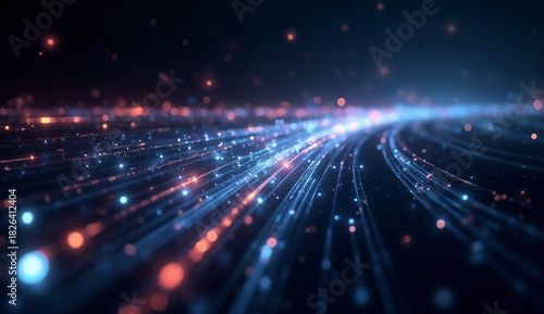 Glowing optical fibers represent digital communication and data transfer in modern networks.