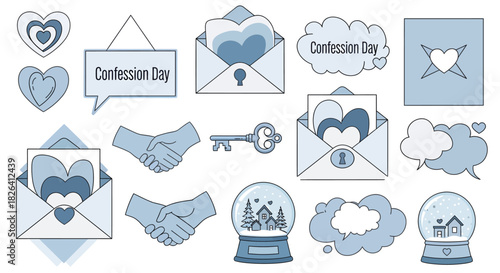 A collection of blue and white icons for Confession Day, including hearts, love letters, handshakes, and snow globes.