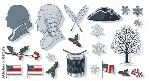Illustrations of American Revolutionary War era items and winter holiday elements, including George Washington silhouettes, flags, tricorn hat, quills, drum, holly, snowflakes, and a winter tree.