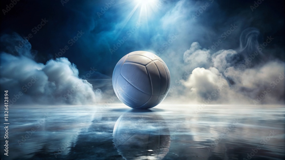 Fototapeta premium A lone volleyball rests on a reflective, misty surface, illuminated by a single beam of light, creating a dramatic and mysterious atmosphere.