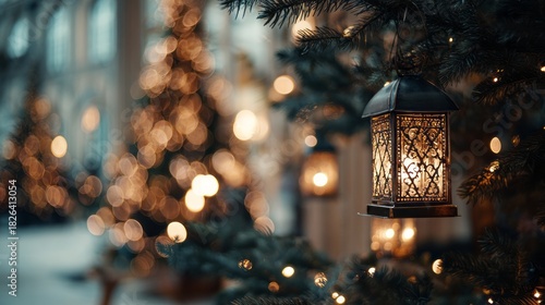 Blurred background of warm christmas lanterns and soft festive bokeh lights on a decorated holiday tree, creating a cozy seasonal glow and dreamy winter atmosphere