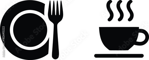 Simple black silhouette icons representing food and hot beverage service