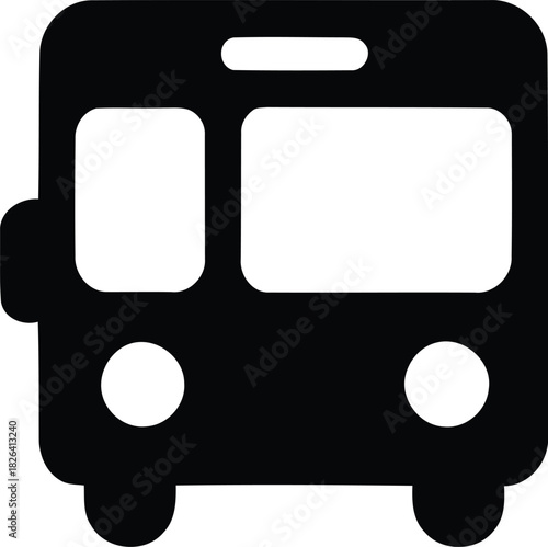 Simple black silhouette icon of a front facing bus on a white background