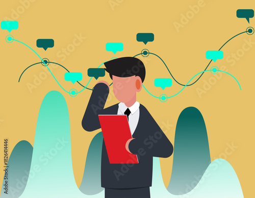 Investment strategy and economic analysis. Pensive businessman analyzes the fear and greed index on a stock market chart.