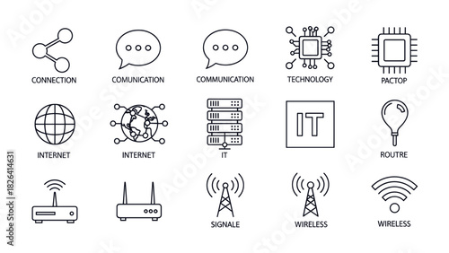 Line art icons depicting various technology and communication concepts.