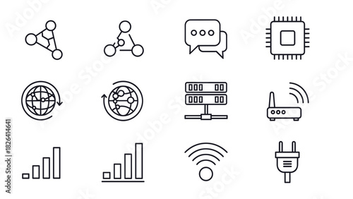 Collection of thin line icons related to technology and communication.
