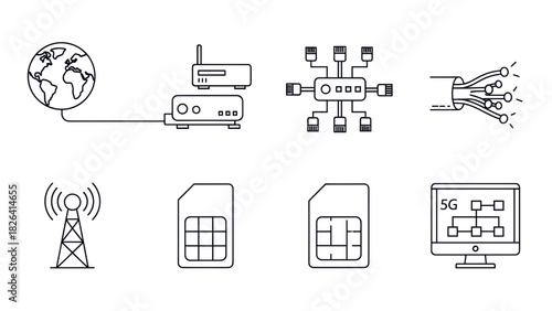 Line art icons depicting internet and network technology, including globe, router, fiber optics, antenna, SIM cards, and 5G network diagram.
