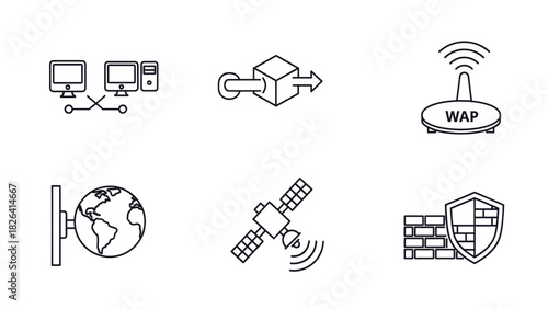 Network and Communication Icons: Computers, Router, Satellite, and Security.