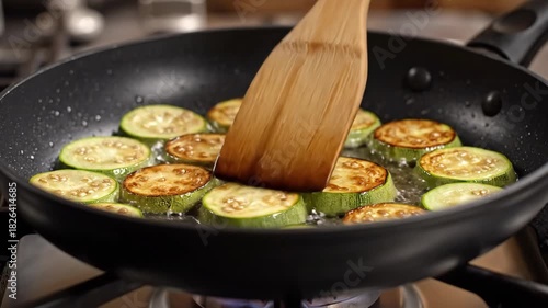 A wooden spatula being used to stirring golden-brown zucchini slices as they fry in hot oil in a black frying pan on a stove.