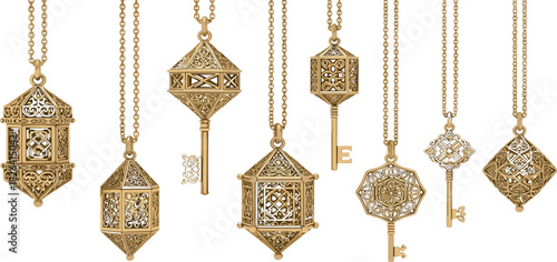 Golden Pendant Necklaces and Keys Intricate Designs for Fashion and Accessories