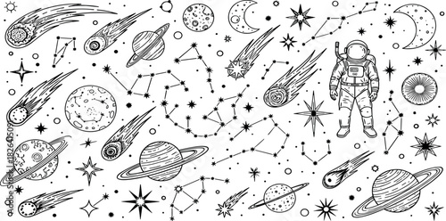 Collection of Celestial Objects, Stars, Planets, Astronaut, and Constellations in a Vintage Hand-Drawn Style