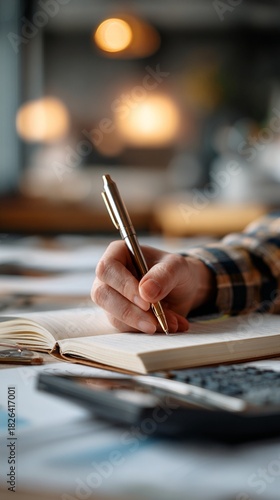 Wallpaper Mural A focused shot of a hand writing in a notebook with a pen on a wooden desk, surrounded by scattered papers and a calculator, ideal for depicting productivity and planning. Torontodigital.ca