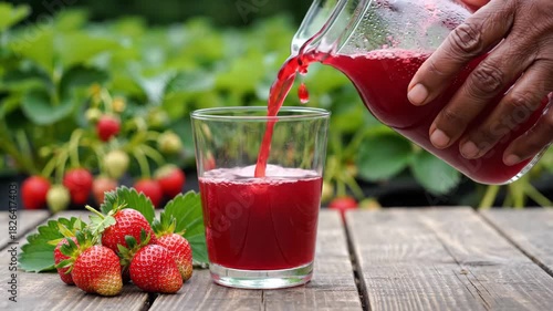 Strawberry juice pouring from a glass jug into a glass a wooden table with strawberries near and strawberry plants on the background. 