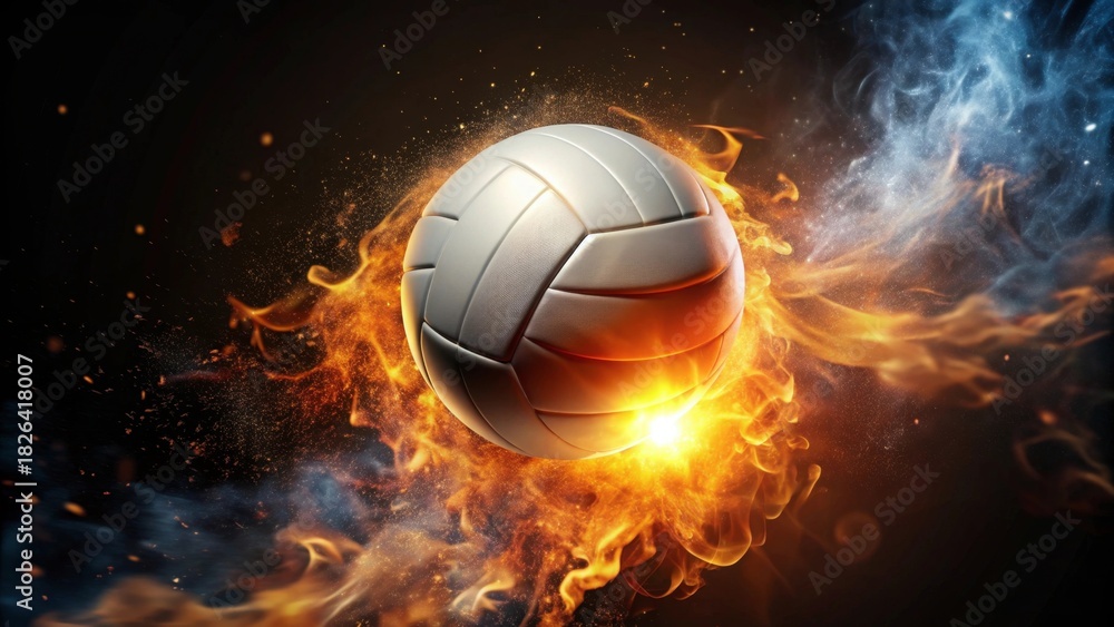 Fototapeta premium Fiery Volleyball Soaring Through Intense Flames and Smoke, a Dynamic Sports Image
