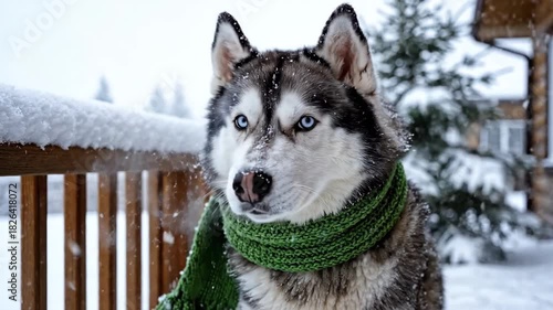 Portrait of a black and white Siberian Husky dog wearing a green knitted scarf siting outdoors in the snow day