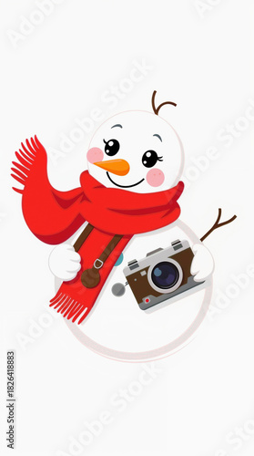 A cheerful snowman with a red scarf holds a vintage camera