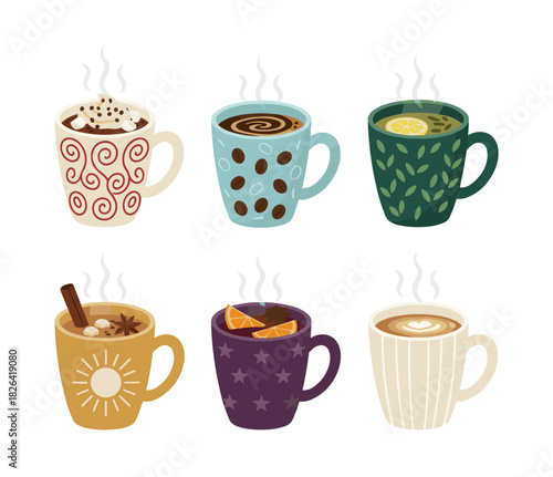 Steaming hot beverages warming colorful mugs illustration