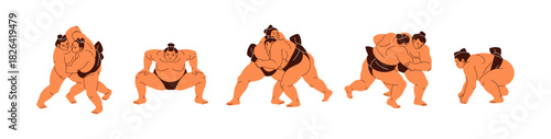 Set of sumo wrestlers. Fighters of Japanese martial art are wrestling. Athletes of combat sport are fight. Sportsmen push, attack and defense. Flat isolated vector illustrations on white background.