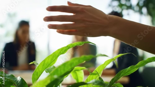 Close-up of a hand reaching towards lush green leaves in a meeting room